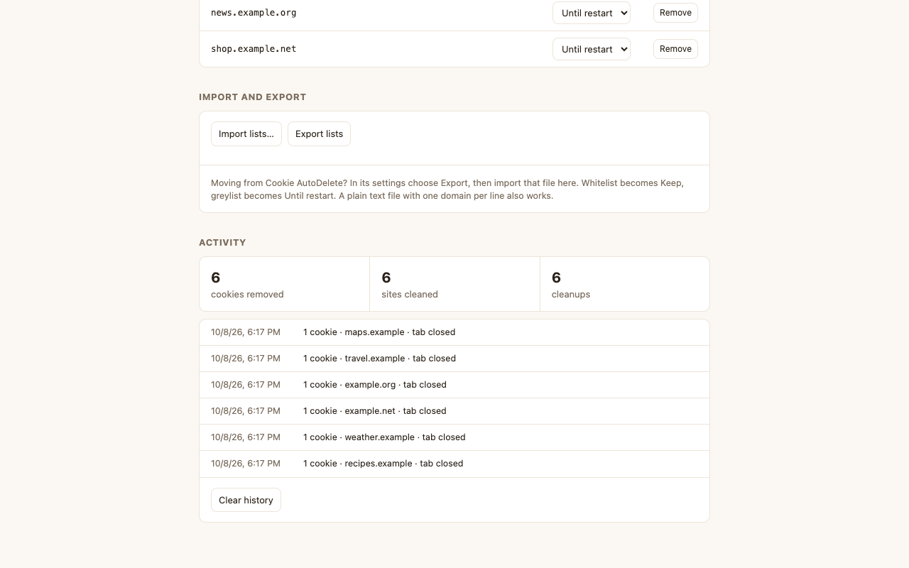 CrumbClear settings page with cleanup totals and the activity log