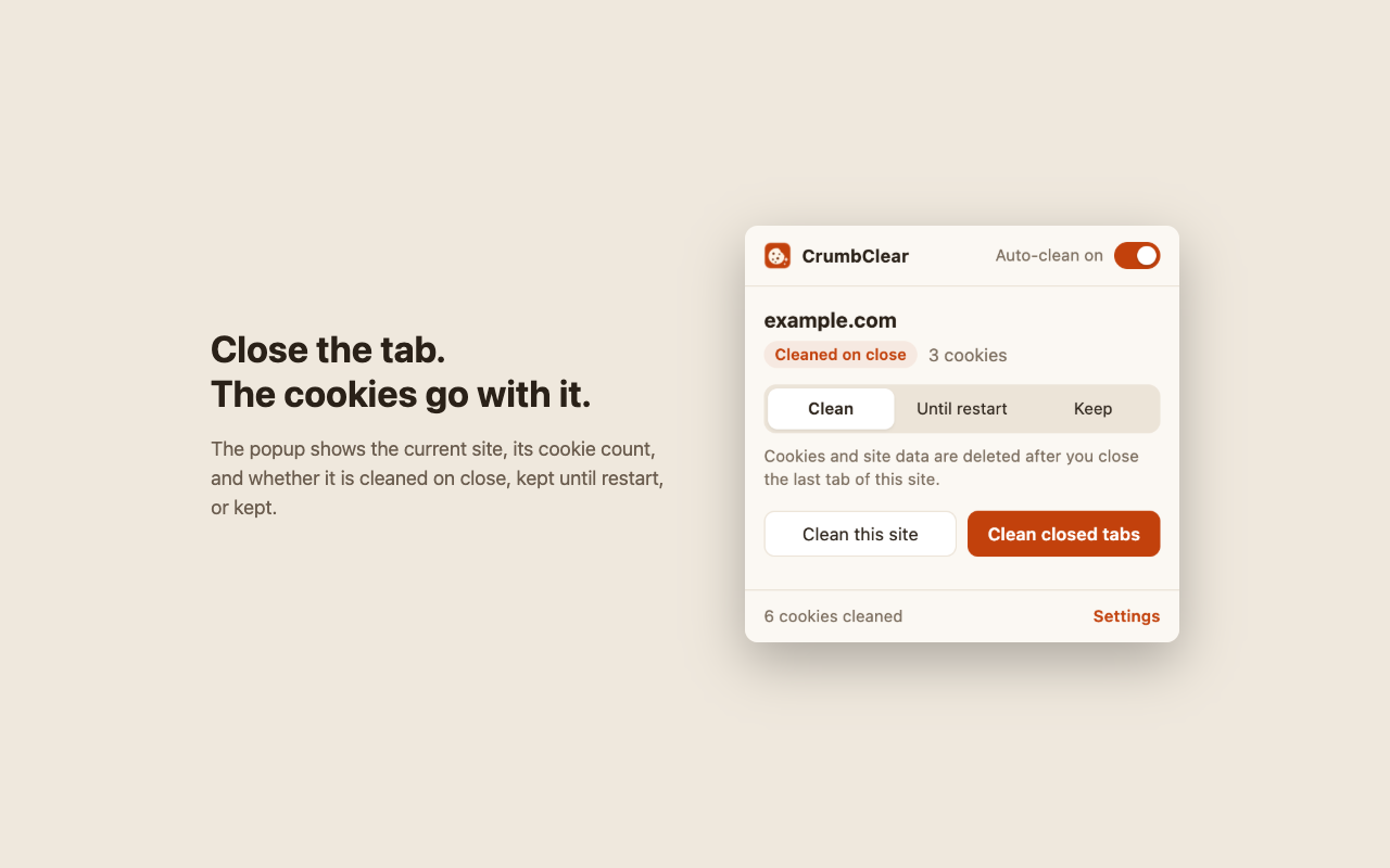 CrumbClear popup showing the current site, its cookie count and the Clean / Until restart / Keep switch